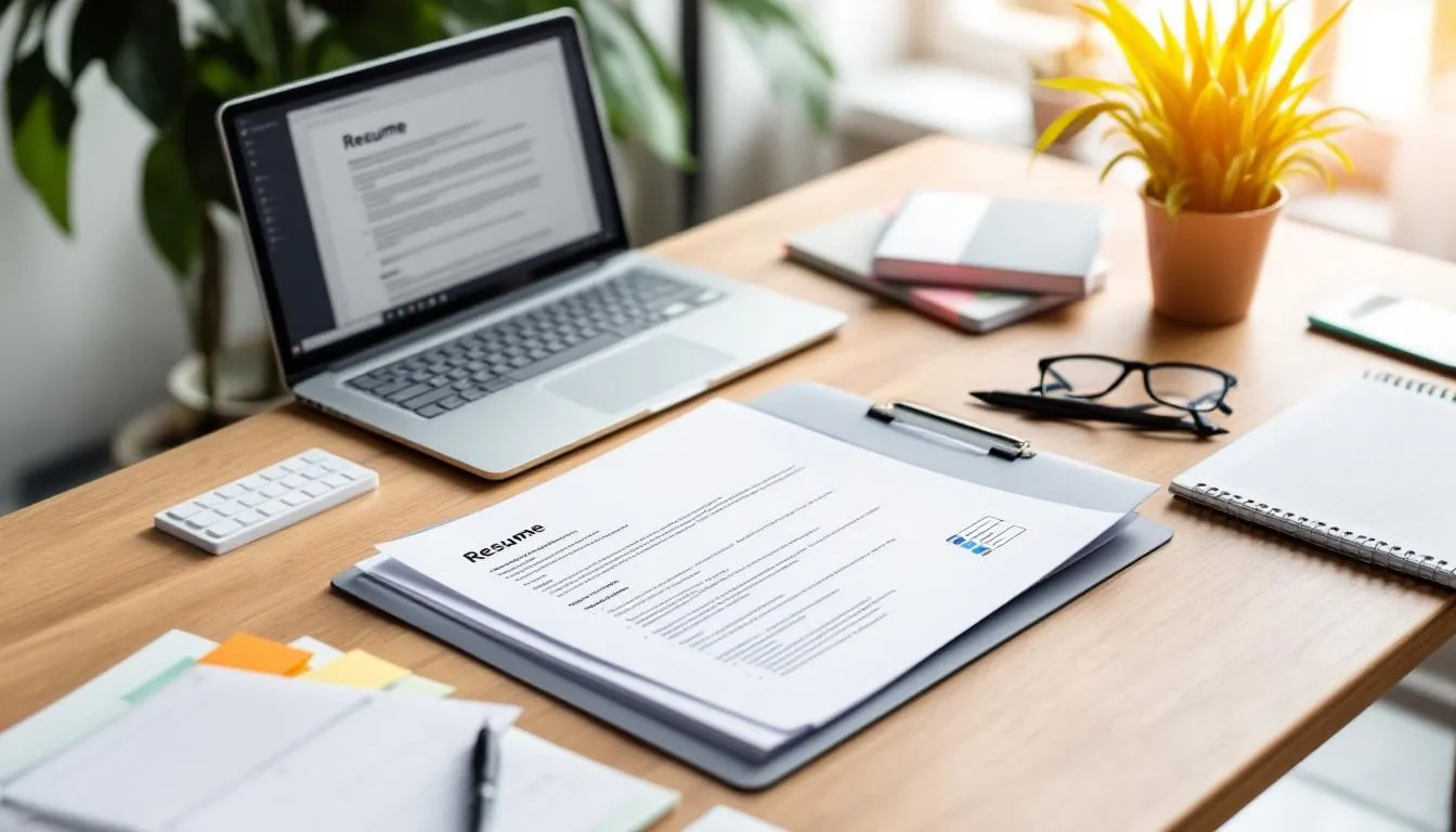 The image shows a desk setup featuring a laptop, various resume documents, and planning materials, ideal for job seekers preparing their applications. This workspace reflects an organized approach to resume writing, where one can analyze job descriptions and utilize AI tools for crafting ATS-friendly resumes that impress hiring managers.